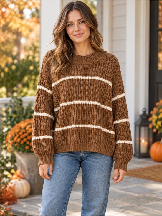Zenana Outfitters Sweaters - Zenana Outfitters Brown and Cream Striped Crewneck Sweater